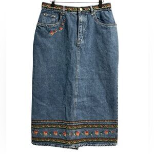Bill Blass Vintage Rhinestone Embroidered Midi Denim Skirt- Size 12P